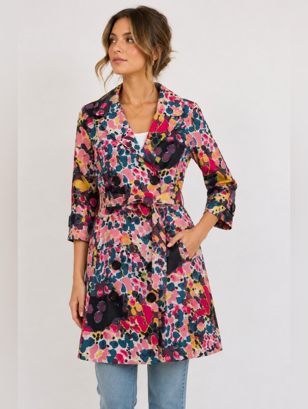 Vertigo Paris Floral Abstract Print Belted Trench Coat Jacket Size Small